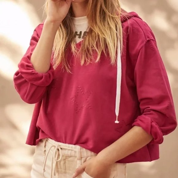Anthropologie Saturday Sunday M Pink Raspberry Star Embroidered Hoodie - Picture 1 of 5